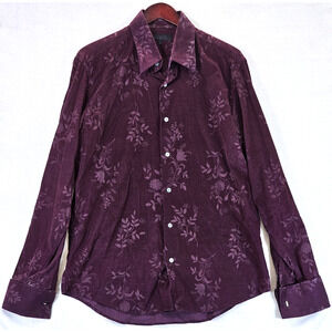 Ted Baker Men's Shirt Small Burgundy Wine Floral Corduroy Flip Cuffs 100% Cotton